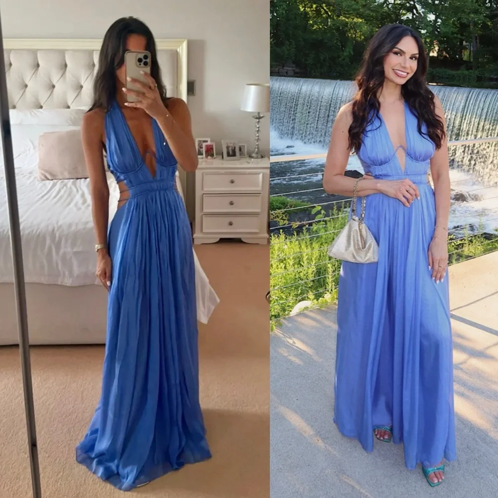 Cult Gaia Aashvi Plunging Halter Neck Silk Gown Capri Blue NEW with tags - Picture 8 of 8